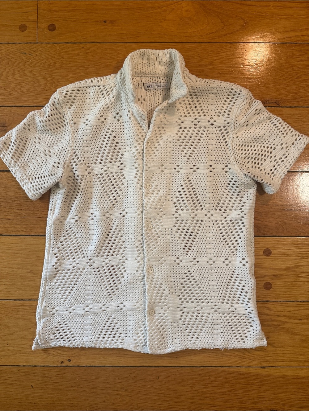 Zara White Crochet Short-Sleeve Button-Front Shirt
